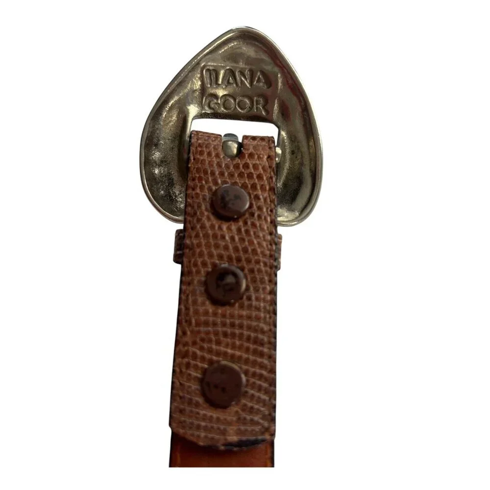 Ilana Goor Heart Buckle Belt (Size L) 1” Brown Lizard & Cowhide w/ Silver Tone